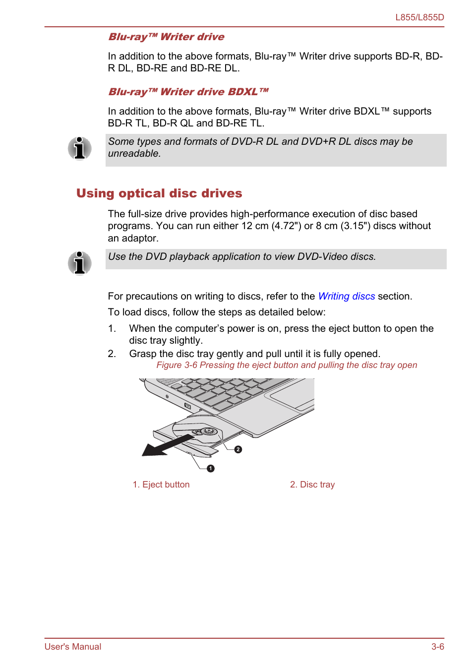 Using optical disc drives | Toshiba Satellite L855 User Manual | Page 44 / 153