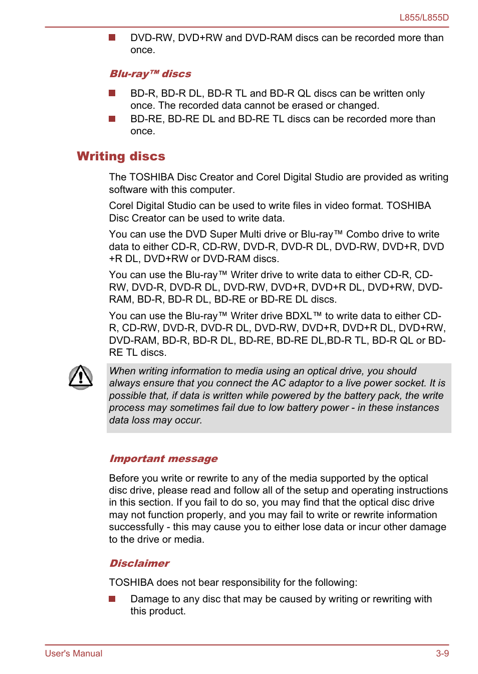 Writing discs | Toshiba Satellite L855 User Manual | Page 47 / 153