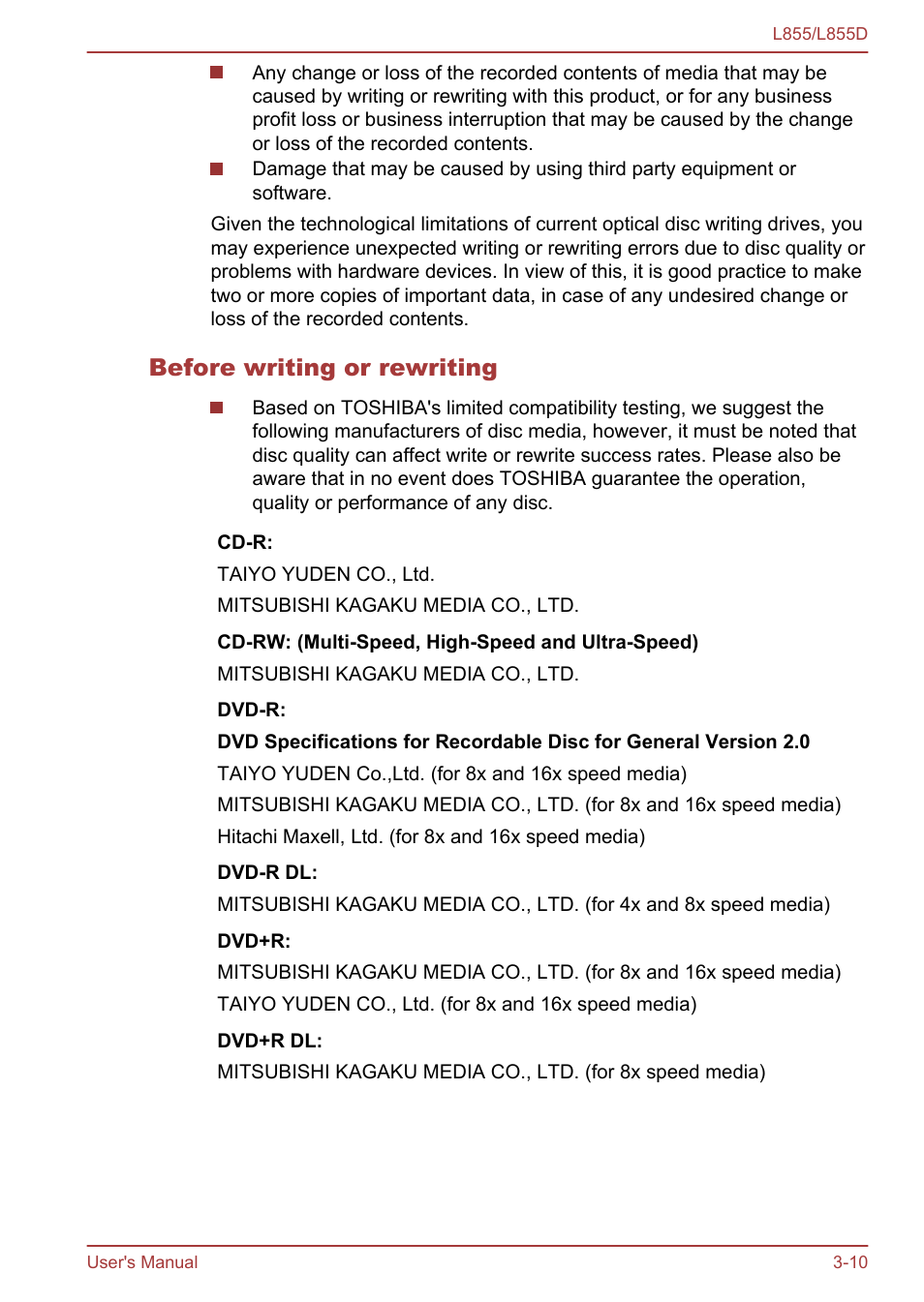 Before writing or rewriting | Toshiba Satellite L855 User Manual | Page 48 / 153