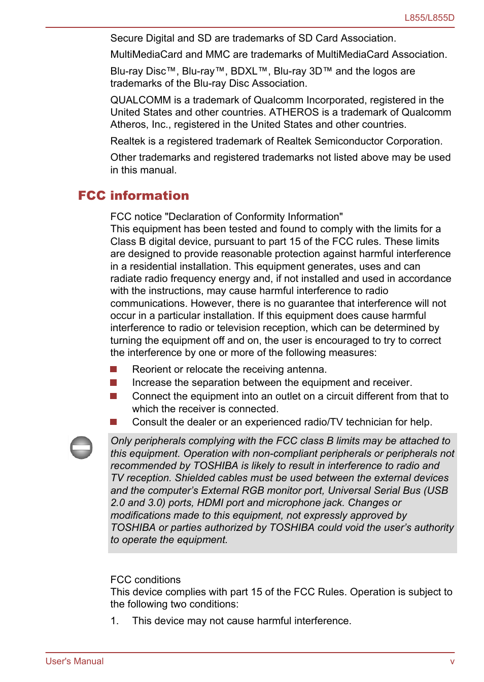 Fcc information | Toshiba Satellite L855 User Manual | Page 5 / 153