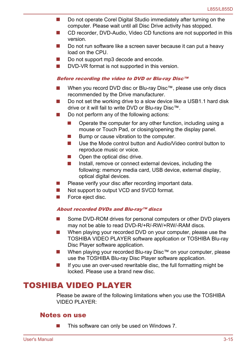 Toshiba video player, Notes on use, Toshiba video player -15 | Toshiba Satellite L855 User Manual | Page 53 / 153