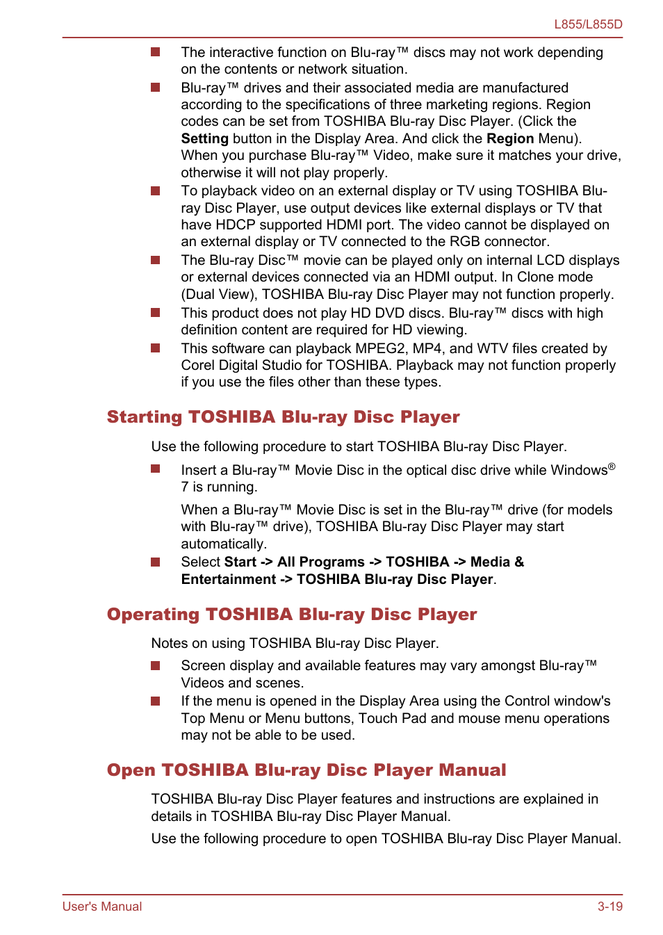 Starting toshiba blu-ray disc player, Operating toshiba blu-ray disc player, Open toshiba blu-ray disc player manual | Toshiba Satellite L855 User Manual | Page 57 / 153