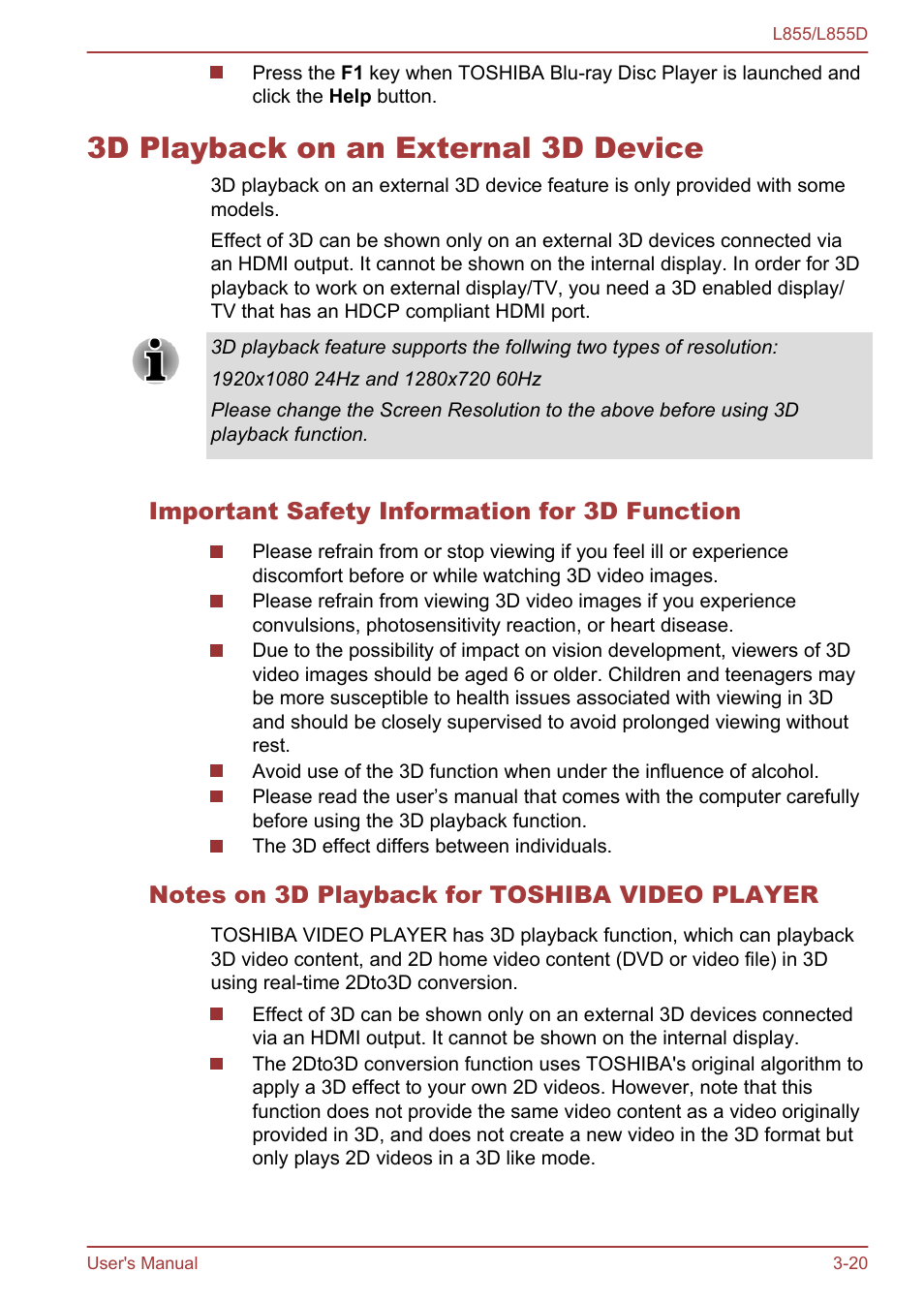 3d playback on an external 3d device, Important safety information for 3d function, Notes on 3d playback for toshiba video player | 3d playback on an external 3d device -20 | Toshiba Satellite L855 User Manual | Page 58 / 153