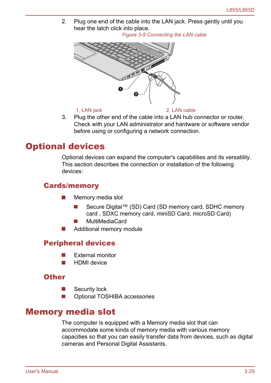 Optional devices, Cards/memory, Peripheral devices | Other, Memory media slot, Optional devices -29 memory media slot -29 | Toshiba Satellite L855 User Manual | Page 67 / 153