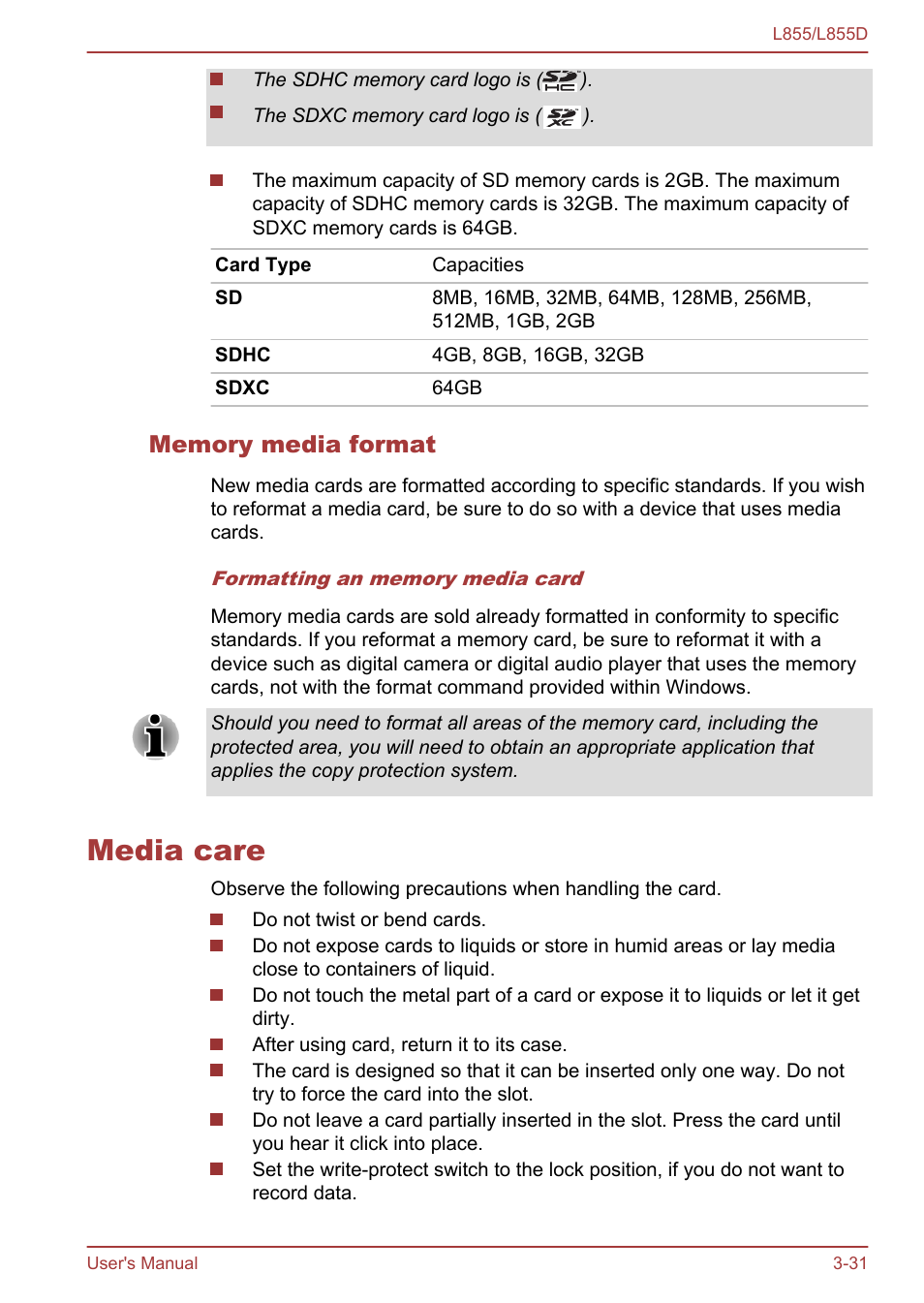 Memory media format, Media care, Media care -31 | Toshiba Satellite L855 User Manual | Page 69 / 153