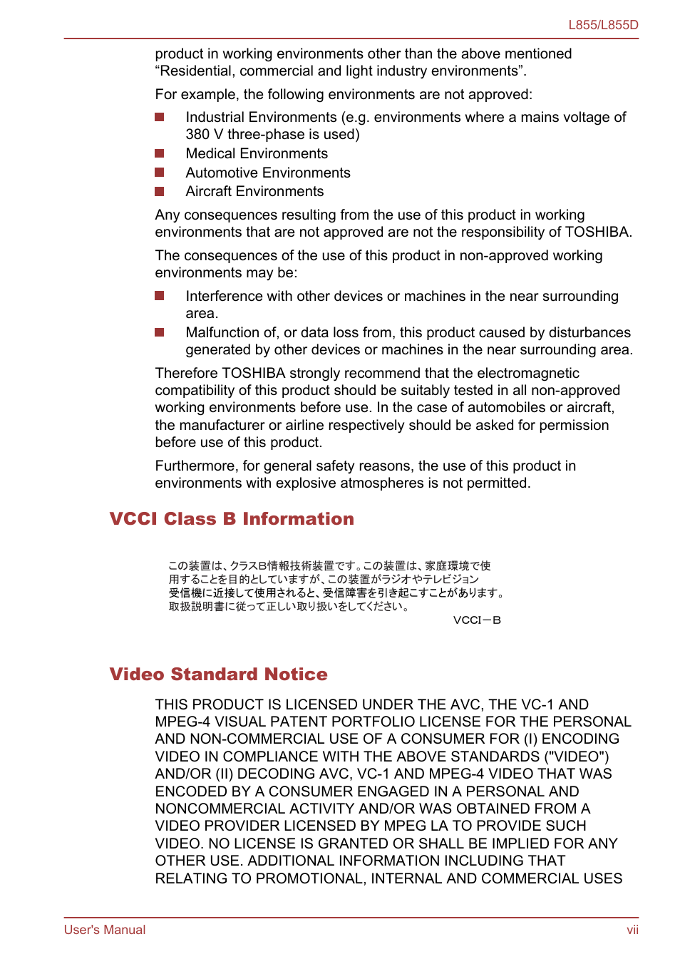 Vcci class b information, Video standard notice | Toshiba Satellite L855 User Manual | Page 7 / 153