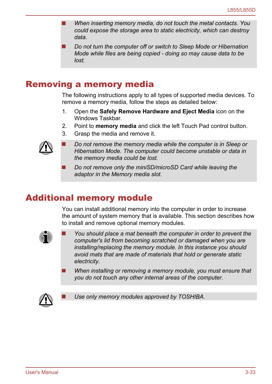 Removing a memory media, Additional memory module, Section in | Toshiba Satellite L855 User Manual | Page 71 / 153