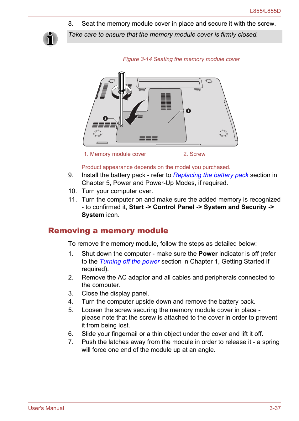 Removing a memory module | Toshiba Satellite L855 User Manual | Page 75 / 153