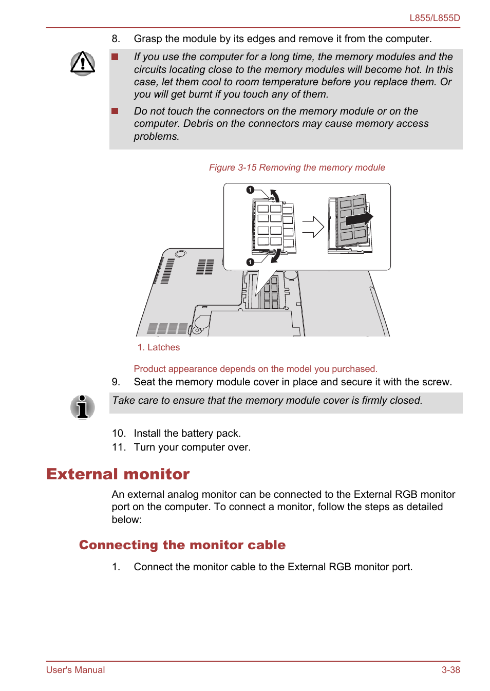 External monitor, Connecting the monitor cable, External monitor -38 | Toshiba Satellite L855 User Manual | Page 76 / 153