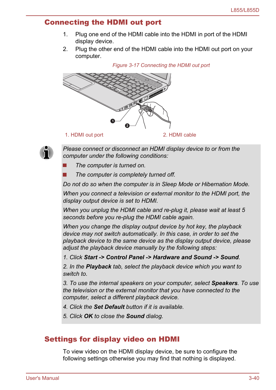 Connecting the hdmi out port, Settings for display video on hdmi | Toshiba Satellite L855 User Manual | Page 78 / 153