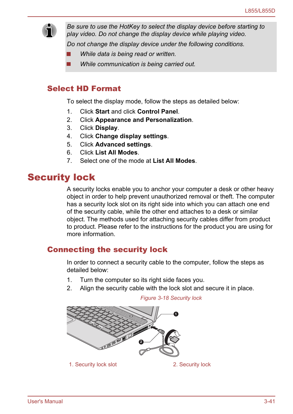 Select hd format, Security lock, Connecting the security lock | Security lock -41 | Toshiba Satellite L855 User Manual | Page 79 / 153