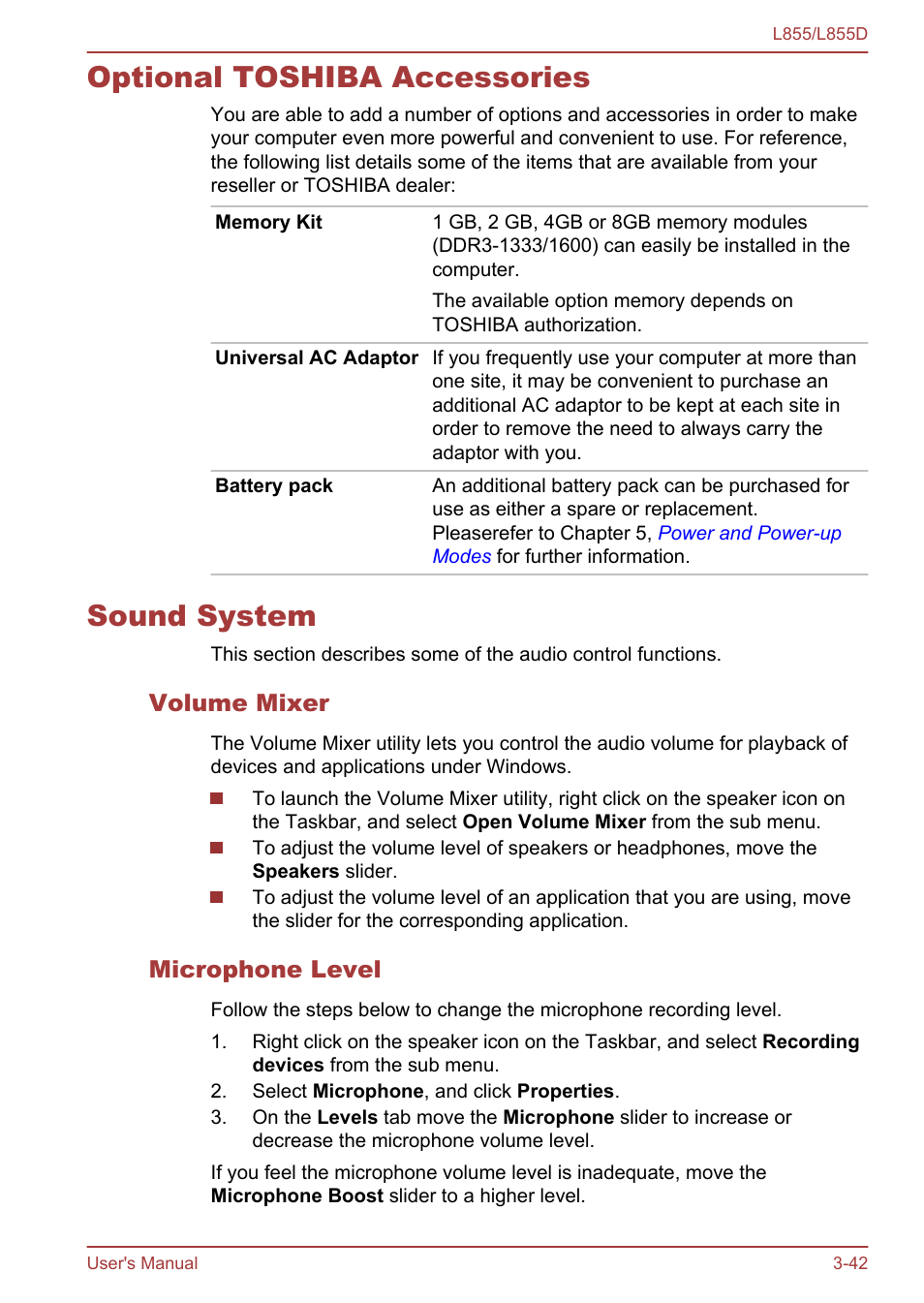 Optional toshiba accessories, Sound system, Volume mixer | Microphone level, Optional toshiba accessories -42 sound system -42 | Toshiba Satellite L855 User Manual | Page 80 / 153