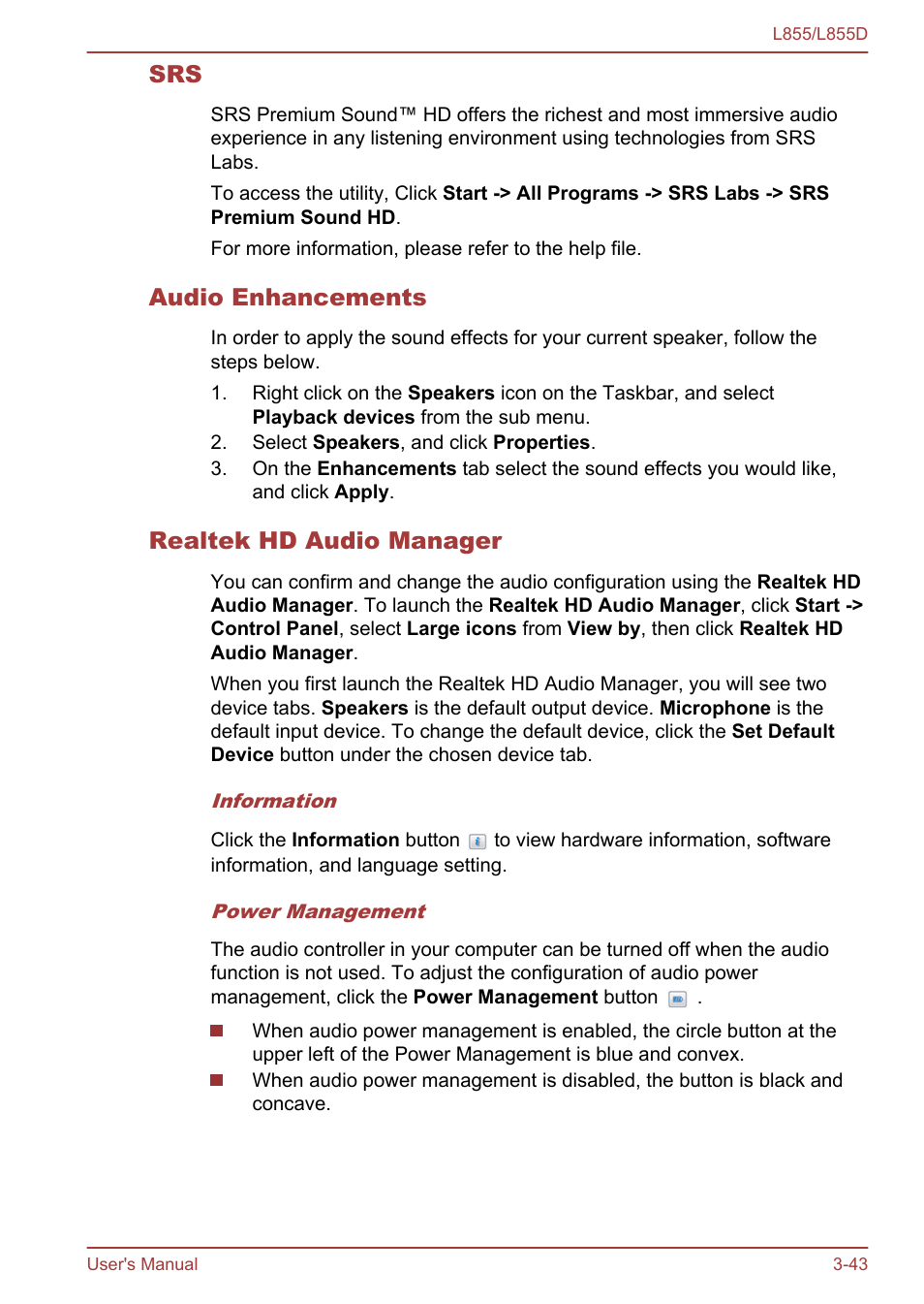 Audio enhancements, Realtek hd audio manager | Toshiba Satellite L855 User Manual | Page 81 / 153