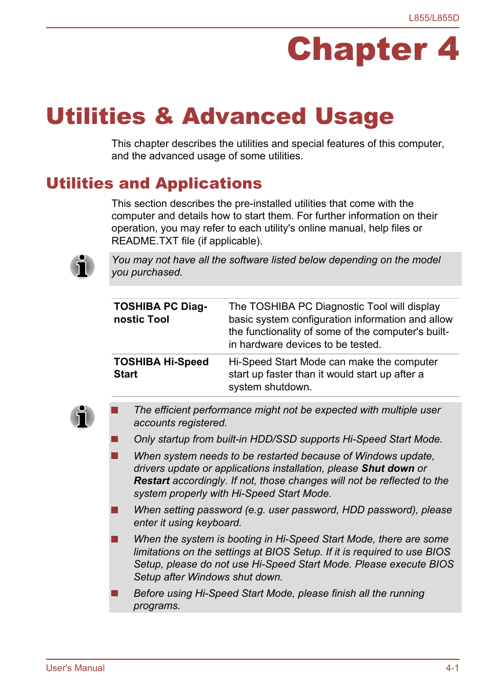 Chapter 4 utilities & advanced usage, Utilities and applications, Chapter 4 | Utilities & advanced usage, Utilities and applications -1 | Toshiba Satellite L855 User Manual | Page 84 / 153