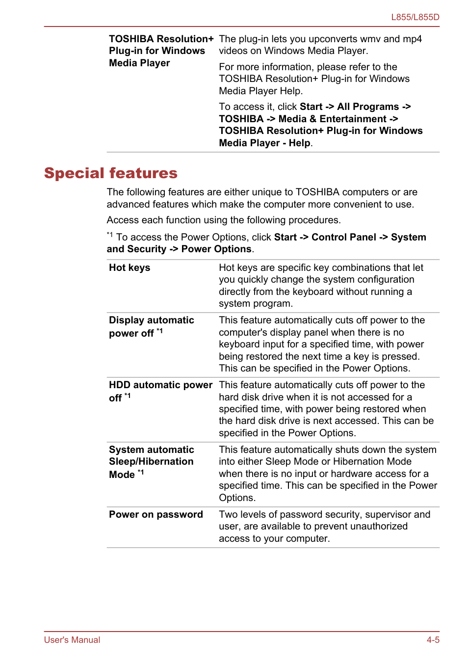 Special features, Special features -5 | Toshiba Satellite L855 User Manual | Page 88 / 153