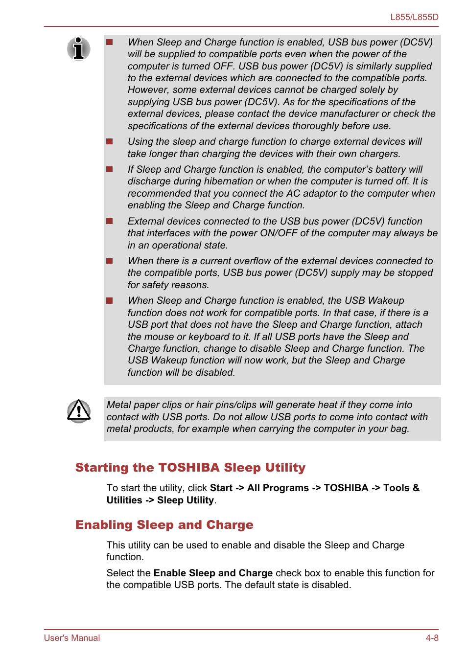 Starting the toshiba sleep utility, Enabling sleep and charge | Toshiba Satellite L855 User Manual | Page 91 / 153