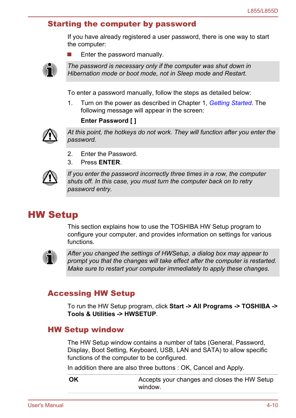 Starting the computer by password, Hw setup, Accessing hw setup | Hw setup window, Hw setup -10 | Toshiba Satellite L855 User Manual | Page 93 / 153
