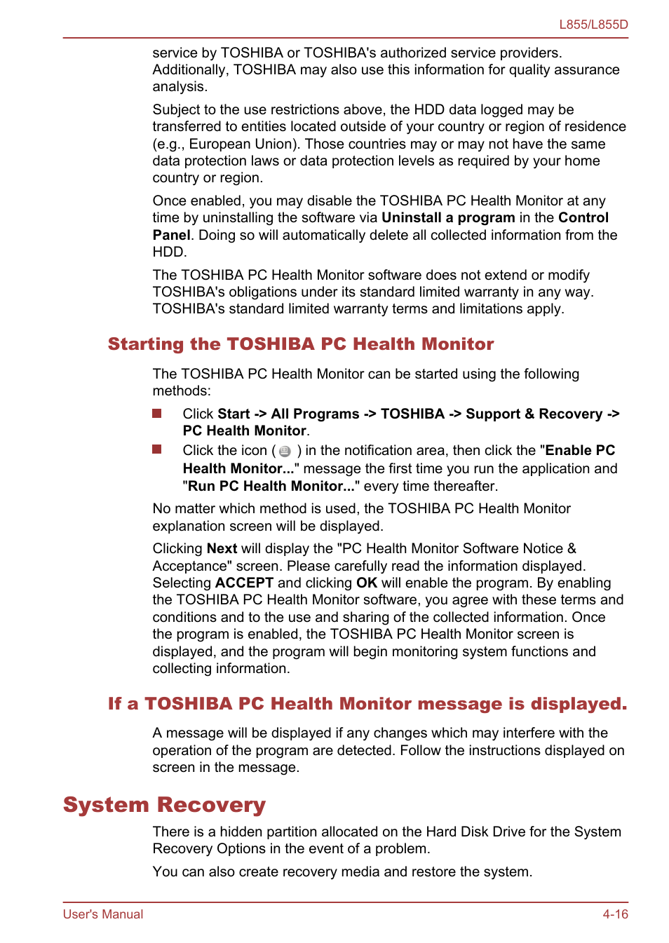 Starting the toshiba pc health monitor, System recovery, System recovery -16 | Toshiba Satellite L855 User Manual | Page 99 / 153