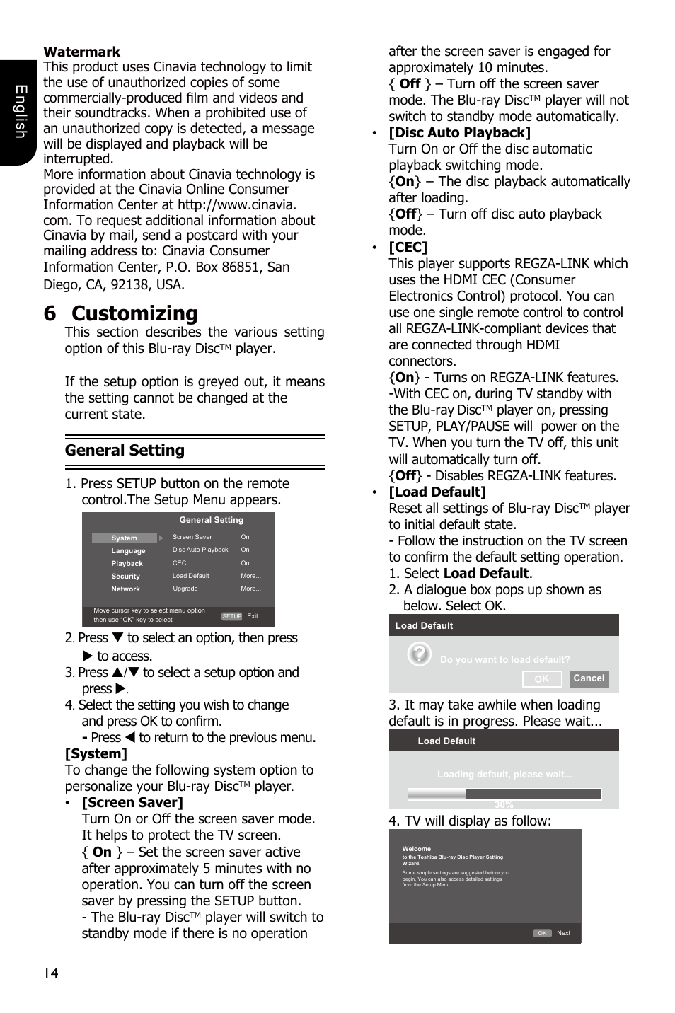 6customizing, 14 english, General setting | Toshiba BDX1300 User Manual | Page 14 / 36