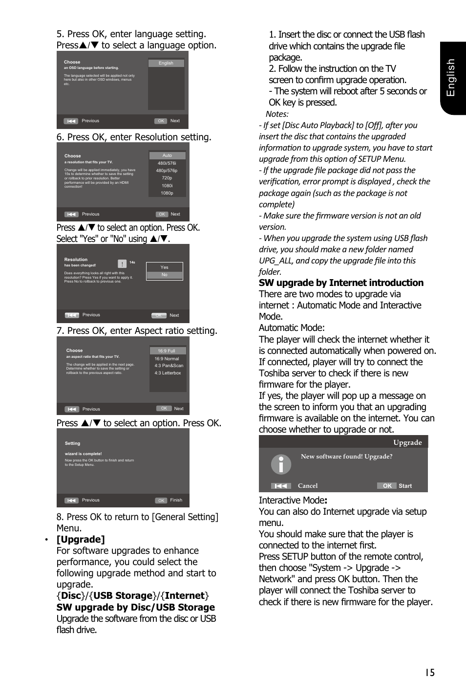 15 english, Press ok, enter resolution setting, Press ok, enter aspect ratio setting | Press / to select an option. press ok | Toshiba BDX1300 User Manual | Page 15 / 36