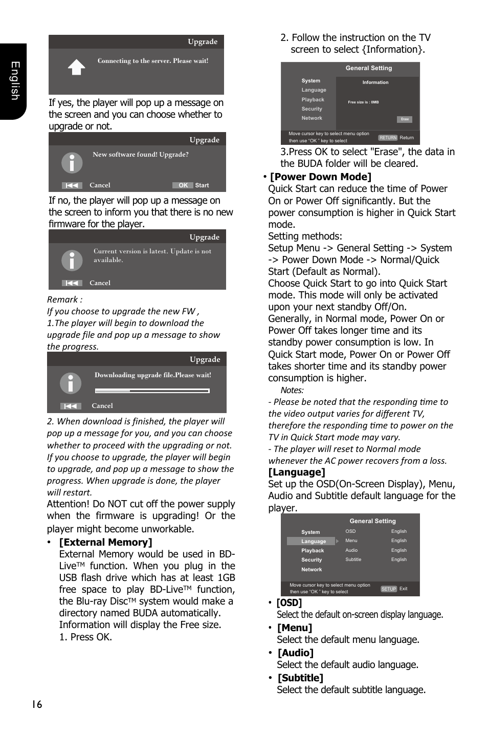 16 english, Function, the blu-ray disc, Osd] select the default on-screen display language | Menu] select the default menu language, Audio] select the default audio language, Subtitle] select the default subtitle language | Toshiba BDX1300 User Manual | Page 16 / 36