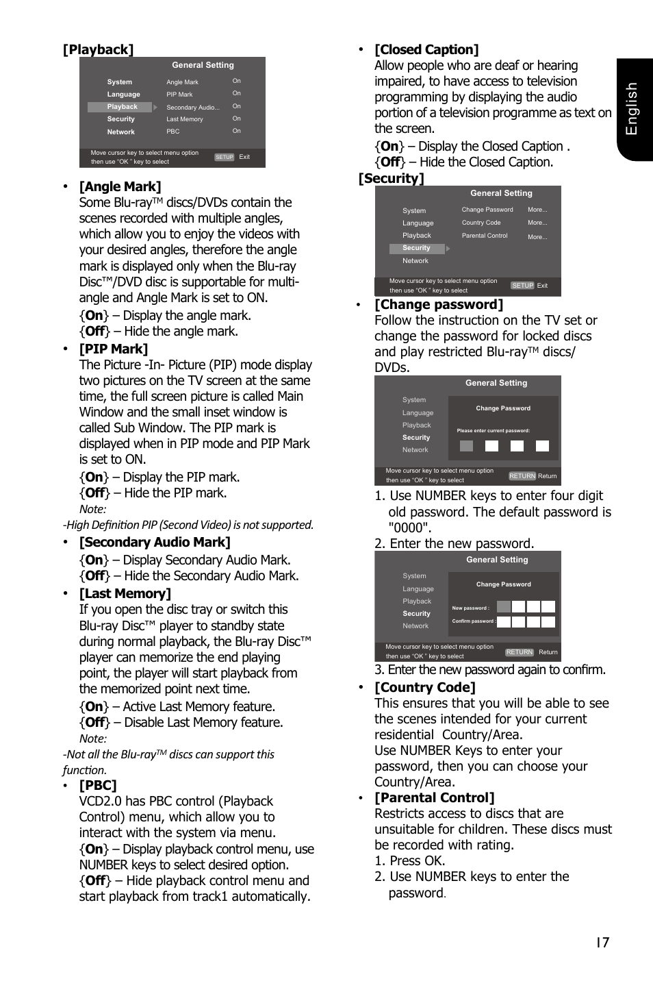 17 english, Playback, Angle mark] some blu-ray | Discs/ dvds, Enter the new password again to confirm | Toshiba BDX1300 User Manual | Page 17 / 36