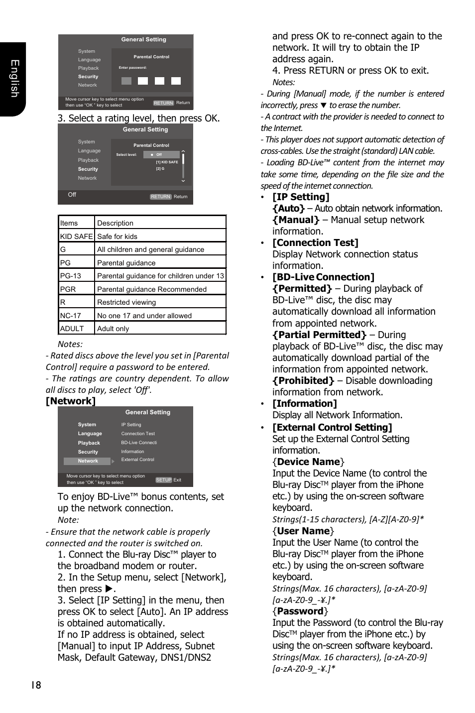 18 english, Select a rating level, then press ok | Toshiba BDX1300 User Manual | Page 18 / 36