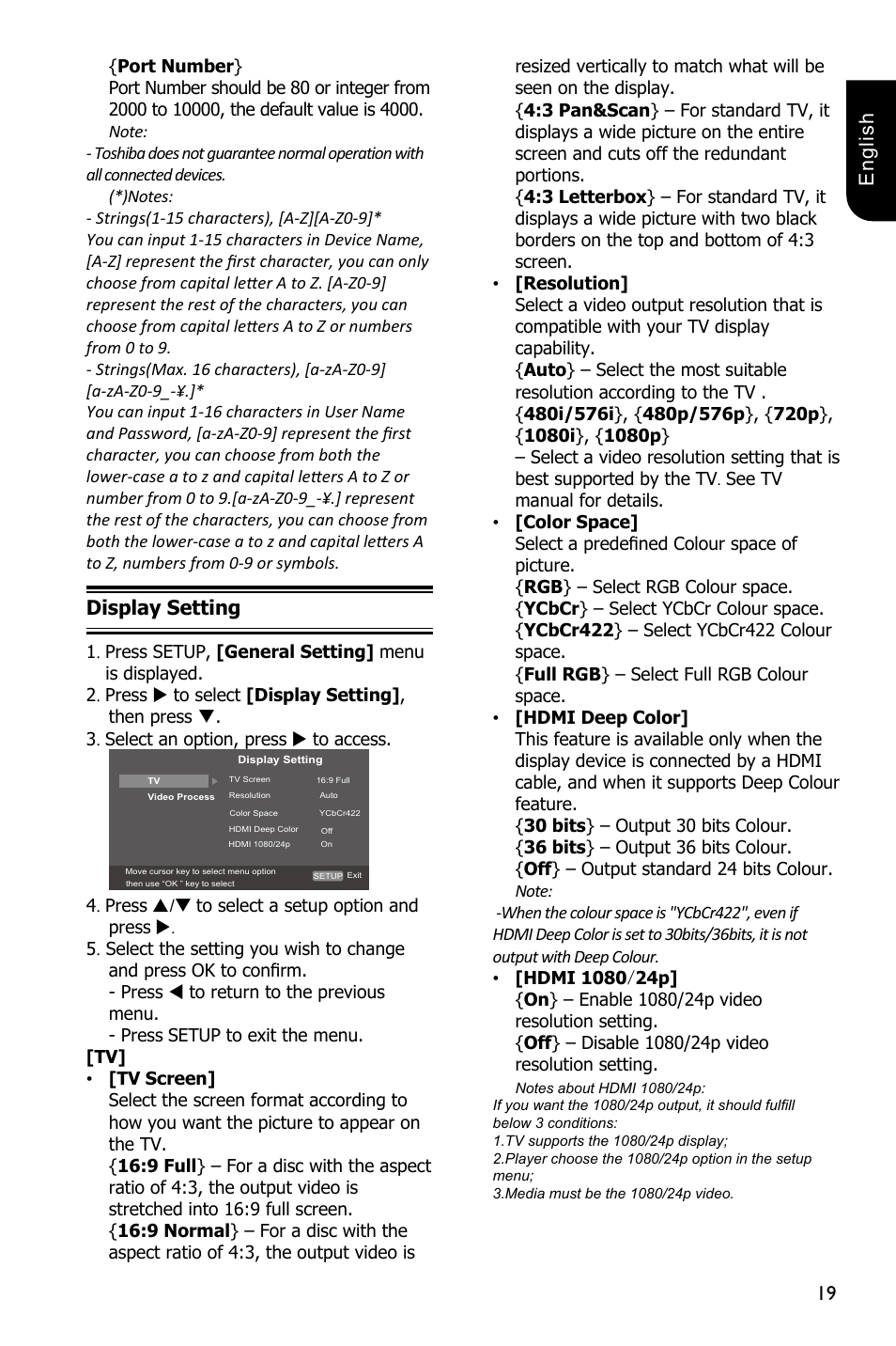 19 english, Display setting | Toshiba BDX1300 User Manual | Page 19 / 36