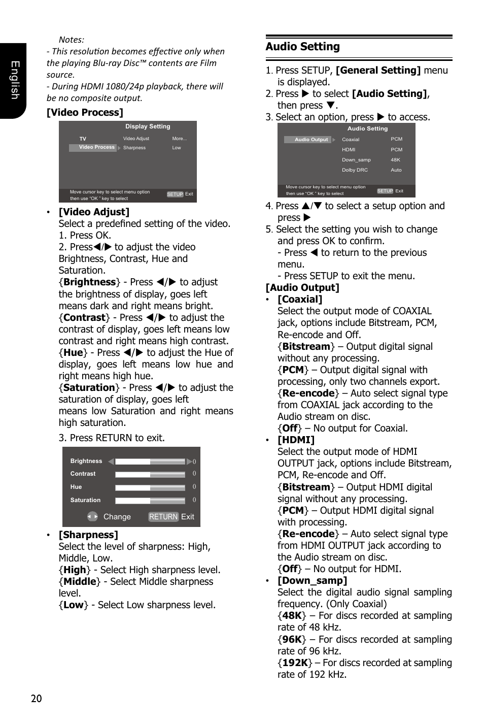 20 english, Audio setting | Toshiba BDX1300 User Manual | Page 20 / 36