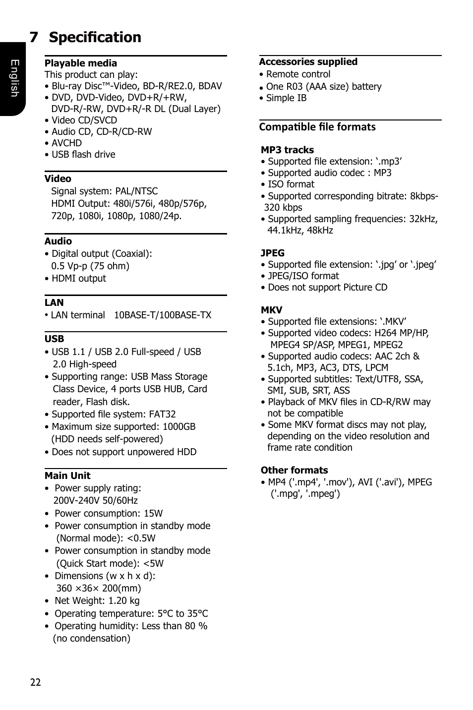 7specification, Compatible file formats | Toshiba BDX1300 User Manual | Page 22 / 36