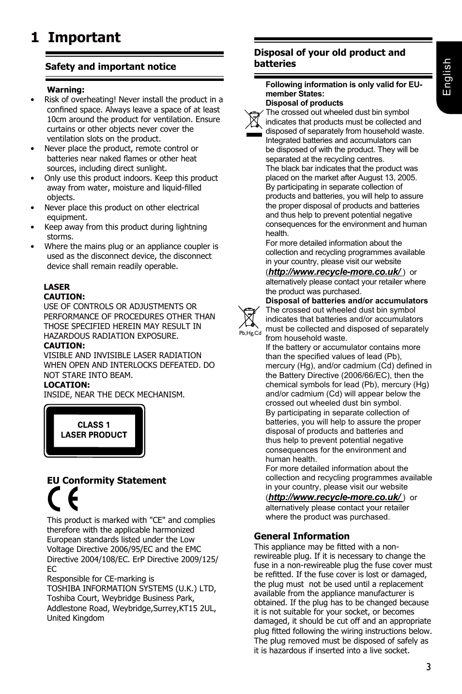 1important, 3english | Toshiba BDX1300 User Manual | Page 3 / 36