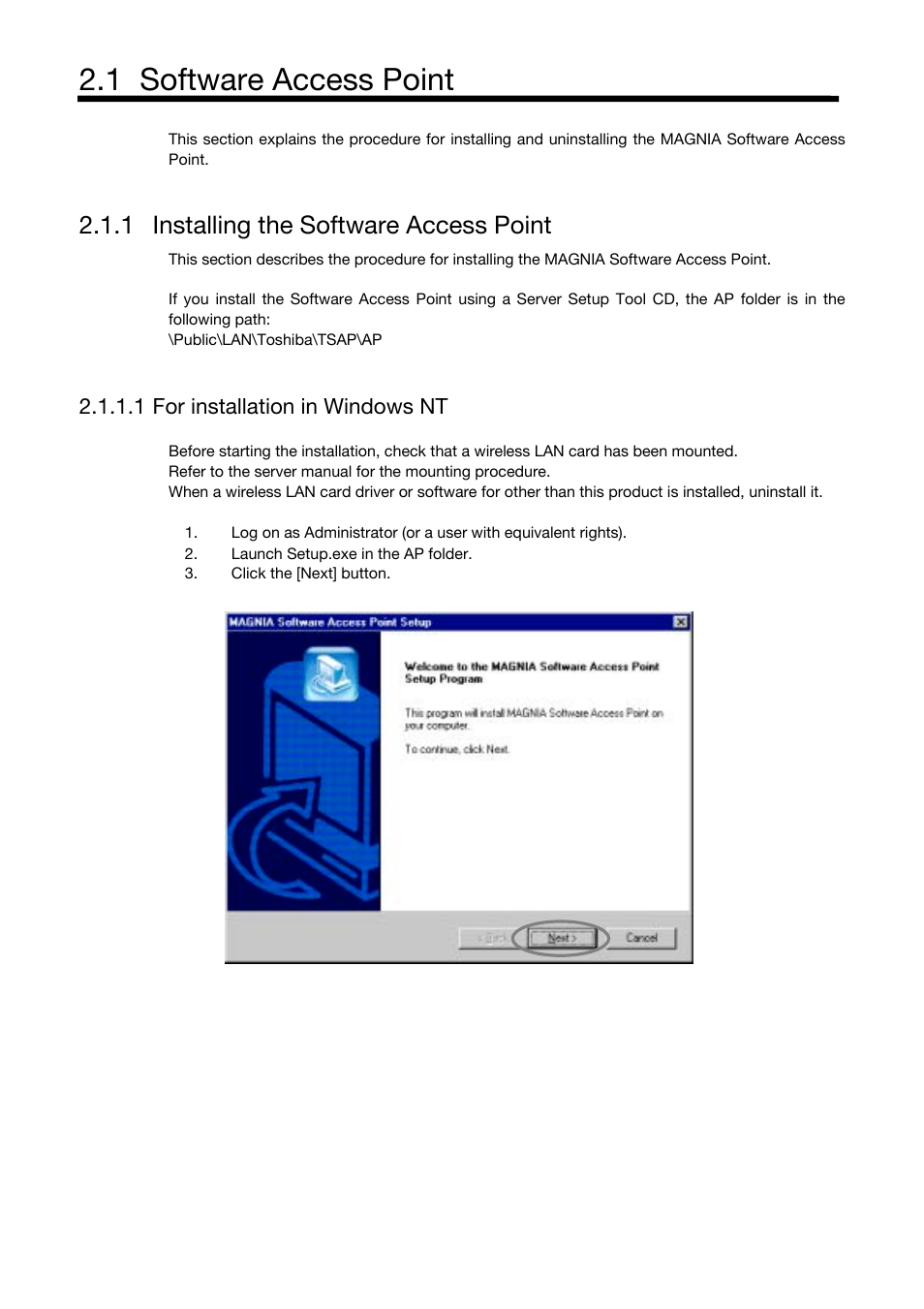 1 software access point, 1 installing the software access point, 1 for installation in windows nt | Toshiba Magnia Z310 User Manual | Page 17 / 130