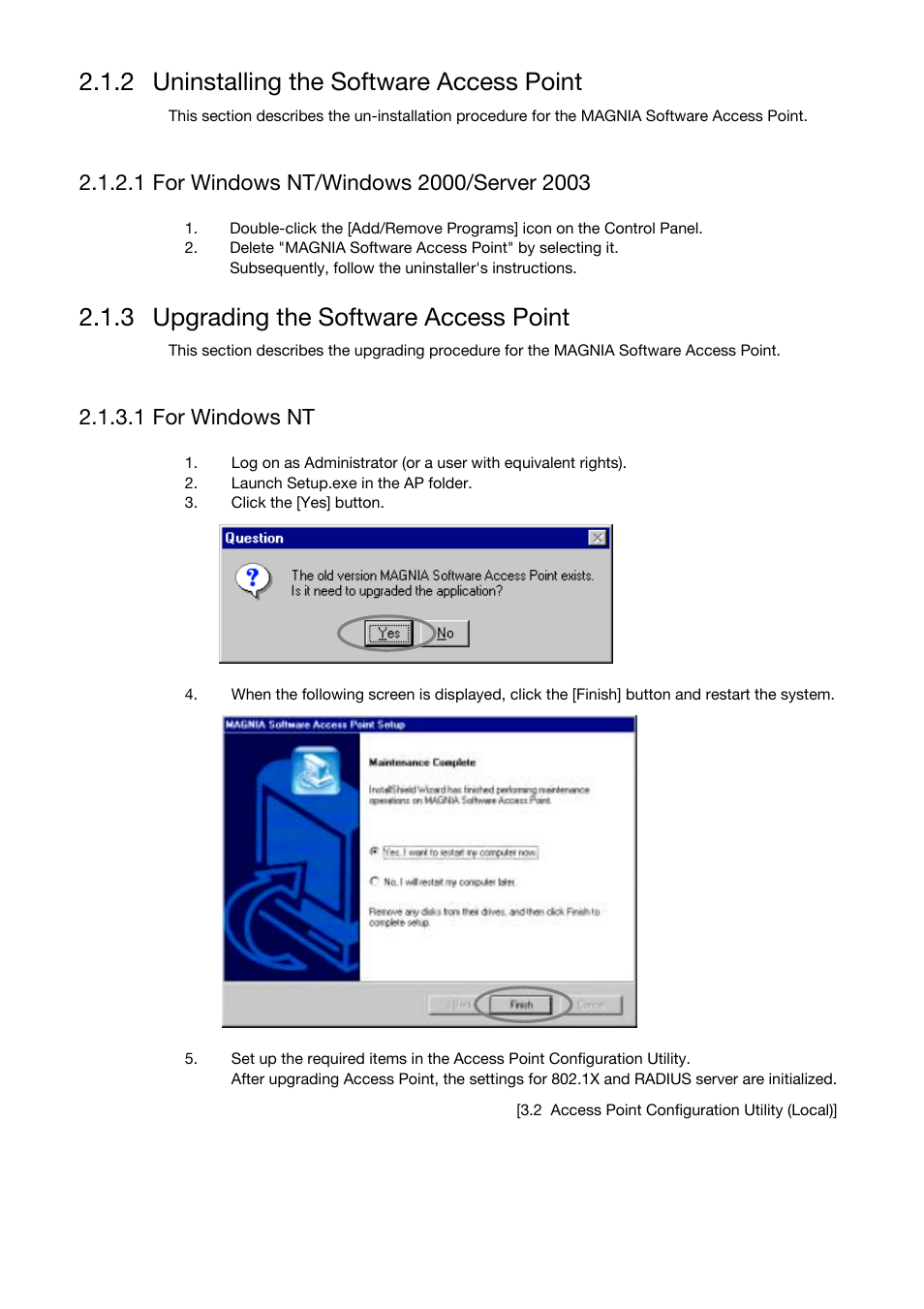 2 uninstalling the software access point, 3 upgrading the software access point, 1 for windows nt | Toshiba Magnia Z310 User Manual | Page 27 / 130