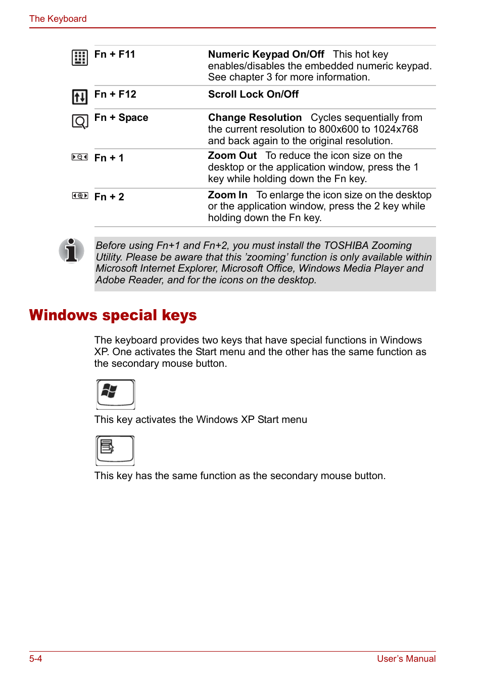 Windows special keys, Windows special keys -4 | Toshiba Satellite M70 (PSM71) User Manual | Page 100 / 176