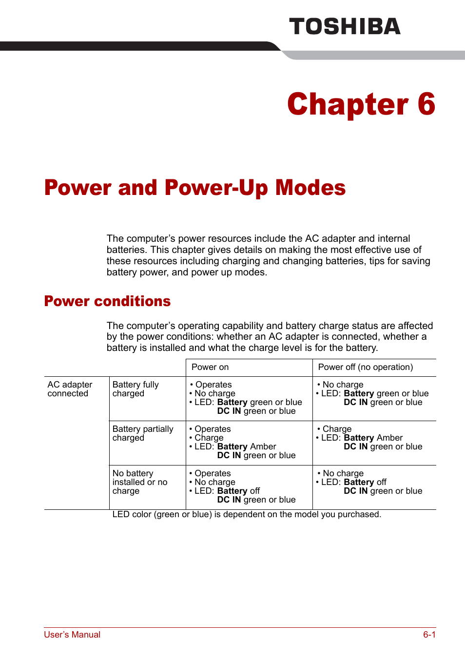 Chapter 6 - power and power-up modes, Power conditions, Chapter 6 | Power and power-up modes, Power conditions -1, Give, Power and, Power-up modes | Toshiba Satellite M70 (PSM71) User Manual | Page 103 / 176