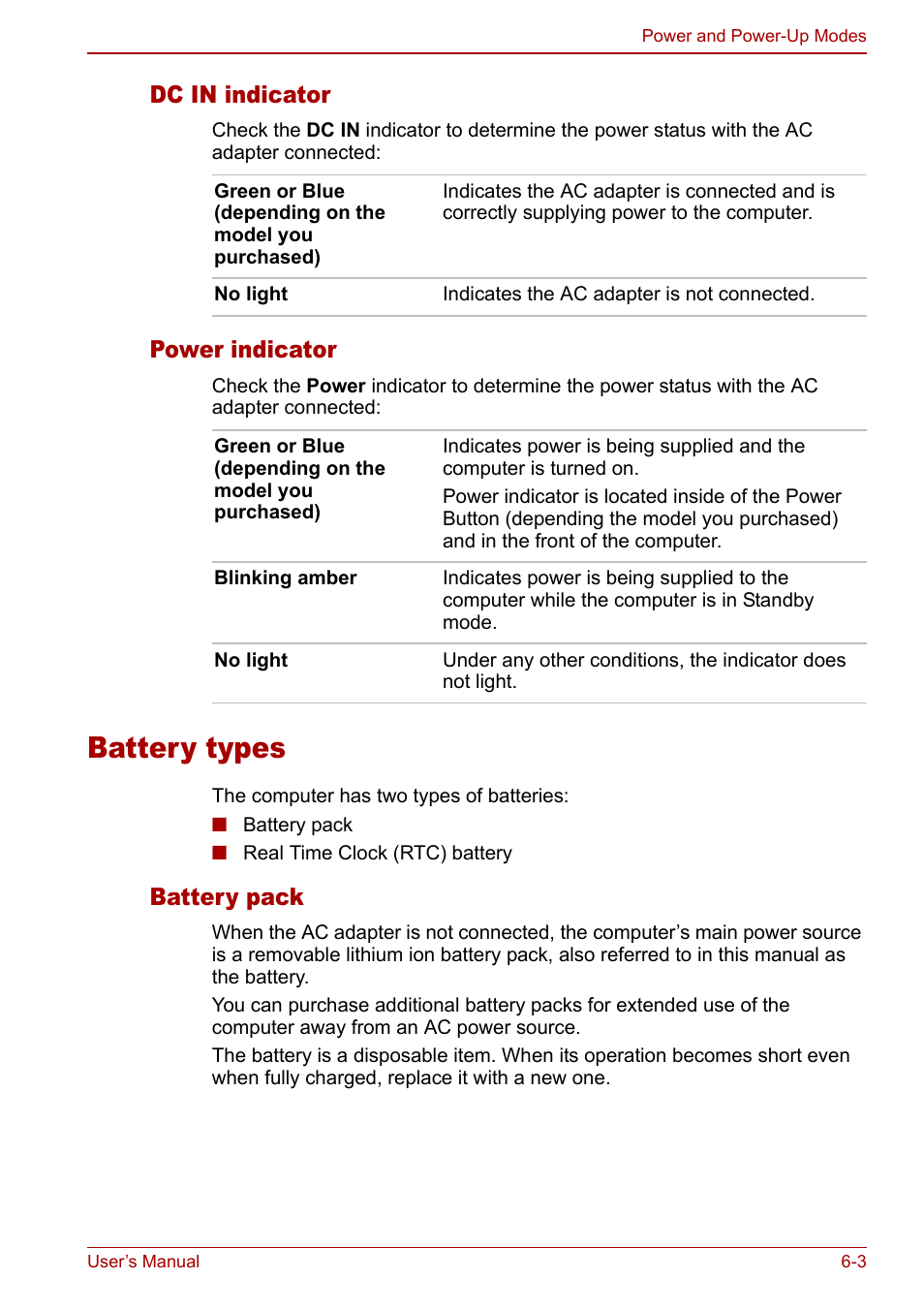 Battery types, Battery types -3, Dc in indicator | Power indicator, Battery pack | Toshiba Satellite M70 (PSM71) User Manual | Page 105 / 176
