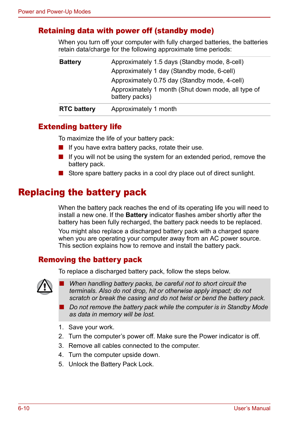 Replacing the battery pack, Replacing the battery pack -10, Retaining data with power off (standby mode) | Extending battery life, Removing the battery pack | Toshiba Satellite M70 (PSM71) User Manual | Page 112 / 176