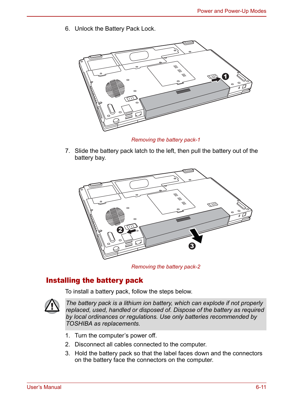 Installing the battery pack | Toshiba Satellite M70 (PSM71) User Manual | Page 113 / 176