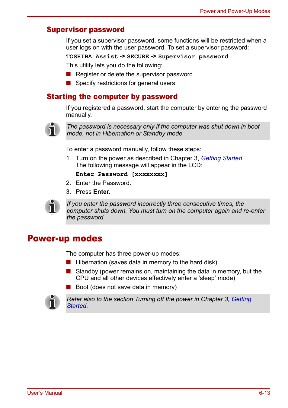 Power-up modes, Power-up modes -13, Supervisor password | Starting the computer by password | Toshiba Satellite M70 (PSM71) User Manual | Page 115 / 176