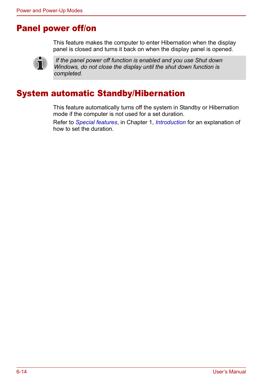 Panel power off/on, System automatic standby/hibernation | Toshiba Satellite M70 (PSM71) User Manual | Page 116 / 176