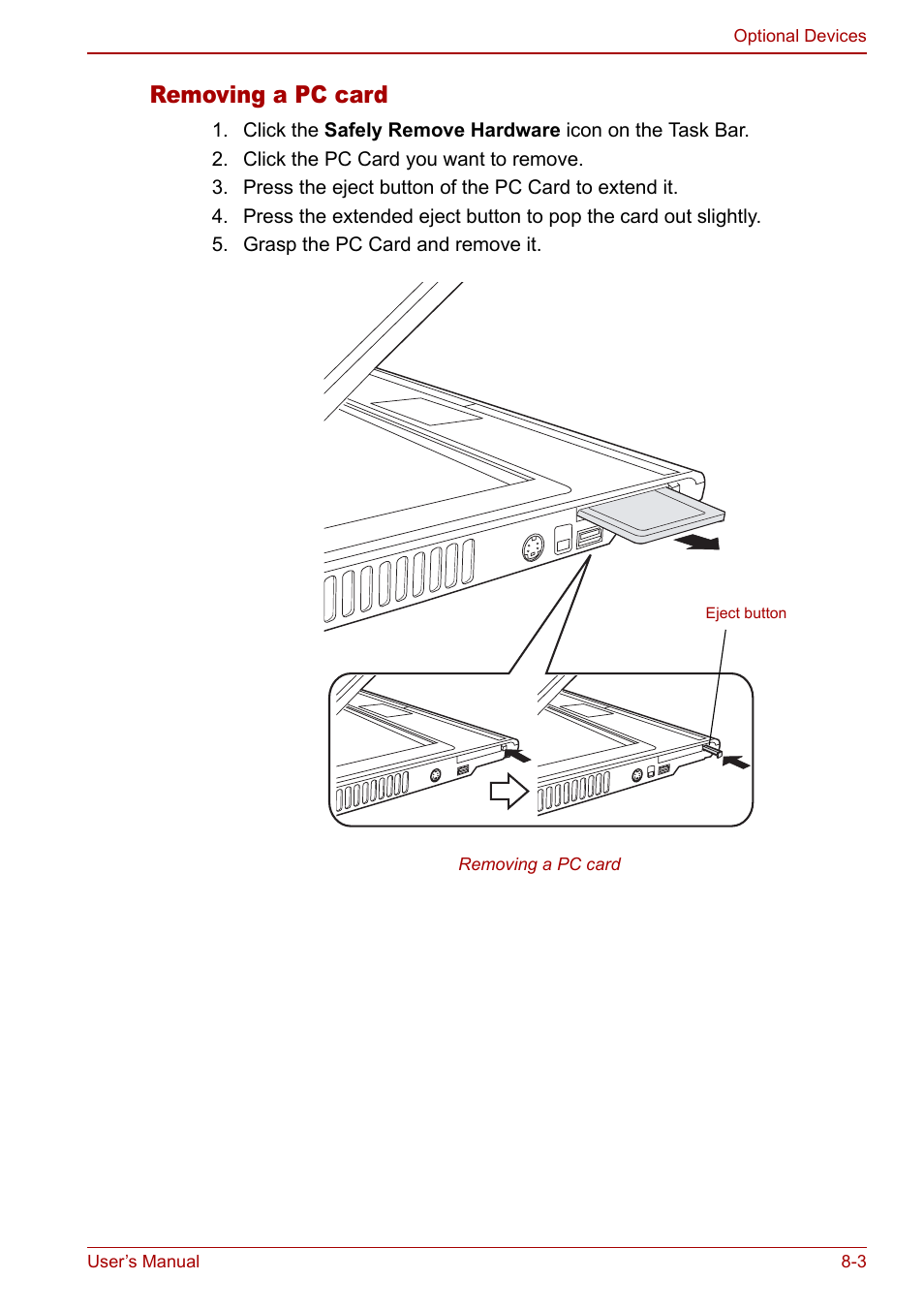 Removing a pc card | Toshiba Satellite M70 (PSM71) User Manual | Page 123 / 176