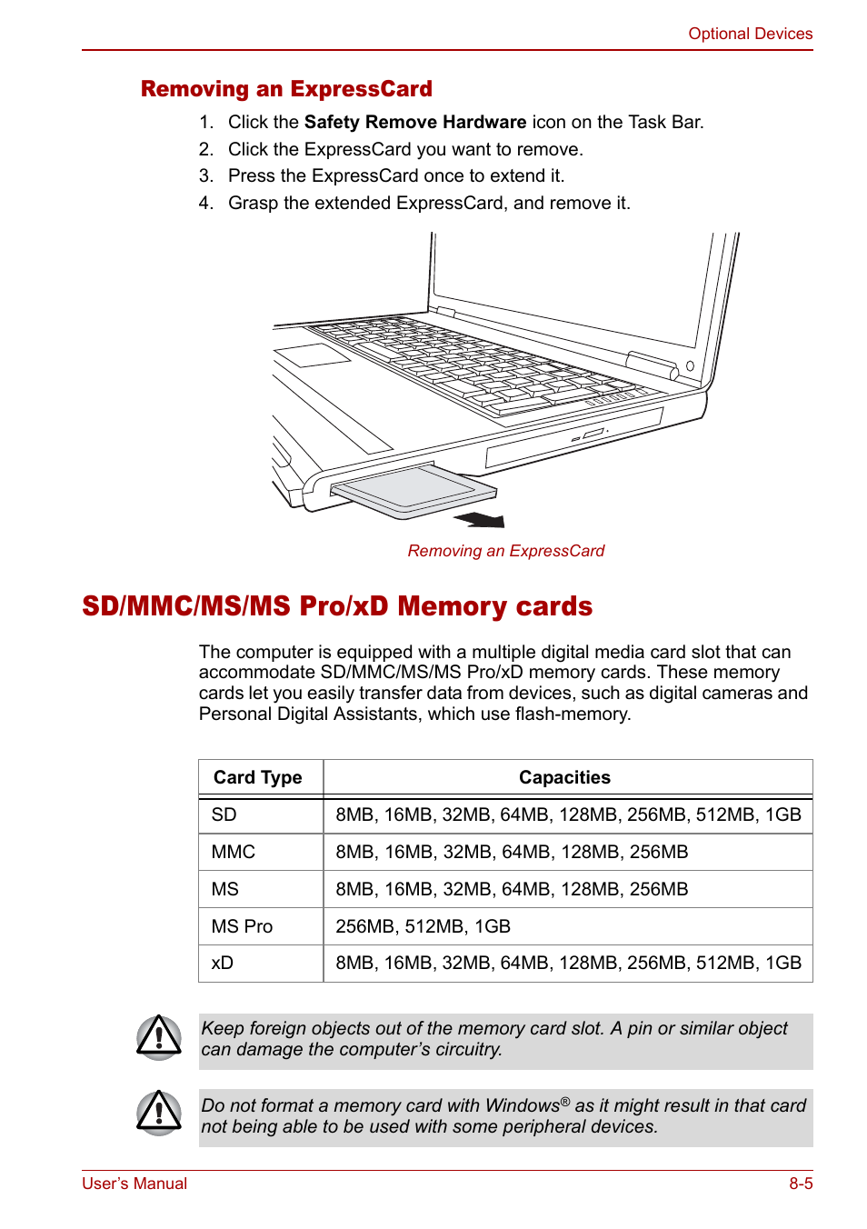 Sd/mmc/ms/ms pro/xd memory cards, Sd/mmc/ms/ms pro/xd memory cards -5, Removing an expresscard | Toshiba Satellite M70 (PSM71) User Manual | Page 125 / 176