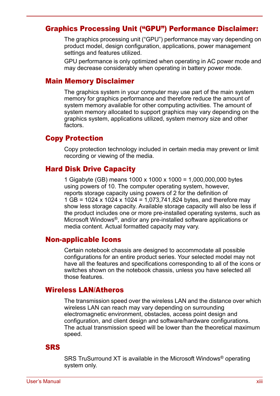 Copy protection, Hard disk drive capacity, Non-applicable icons | Wireless lan/atheros | Toshiba Satellite M70 (PSM71) User Manual | Page 13 / 176