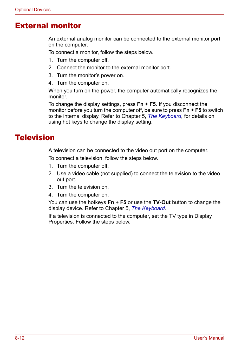 External monitor, Television, External monitor -12 television -12 | Toshiba Satellite M70 (PSM71) User Manual | Page 132 / 176