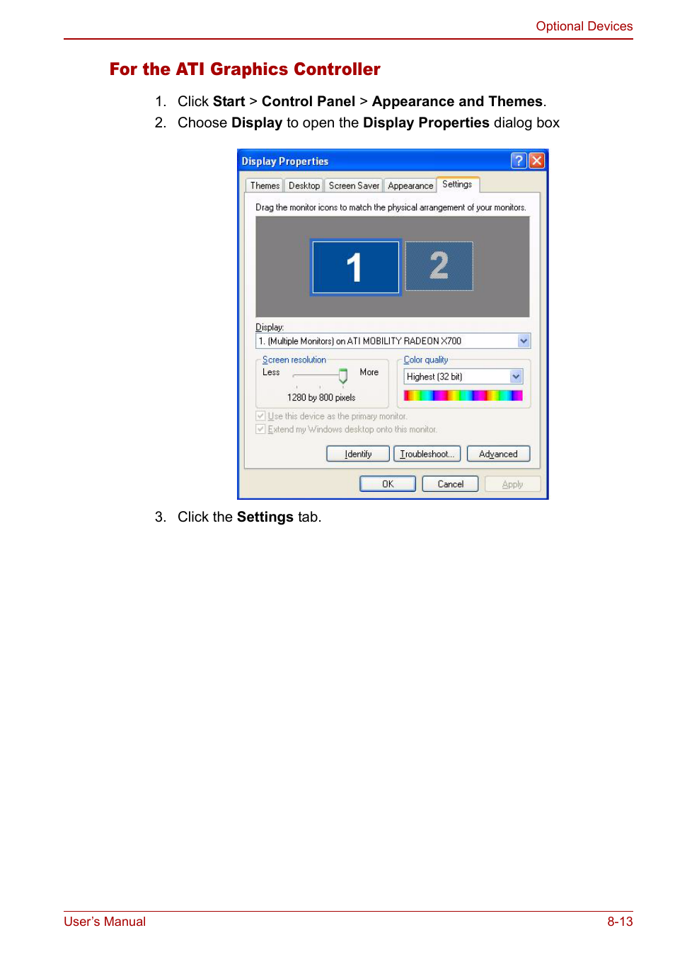 For the ati graphics controller | Toshiba Satellite M70 (PSM71) User Manual | Page 133 / 176