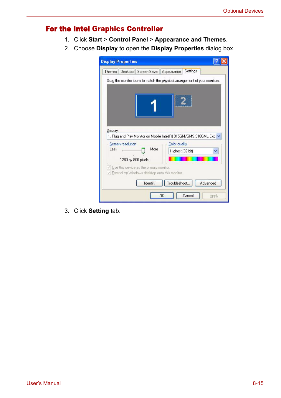 For the intel graphics controller | Toshiba Satellite M70 (PSM71) User Manual | Page 135 / 176