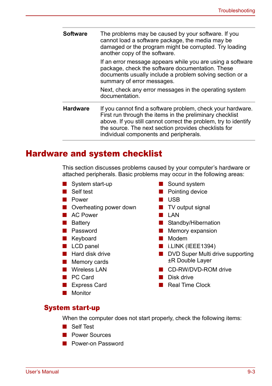 Hardware and system checklist, Hardware and system checklist -3, System start-up | Toshiba Satellite M70 (PSM71) User Manual | Page 141 / 176