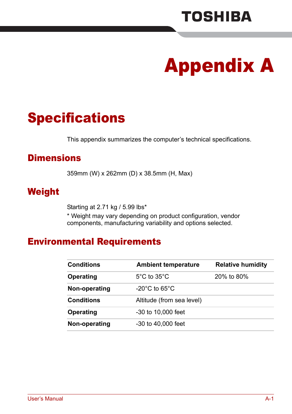 Appendix a - specifications, Appendix a, Specifications | E appendices, Dimensions, Weight, Environmental requirements | Toshiba Satellite M70 (PSM71) User Manual | Page 157 / 176