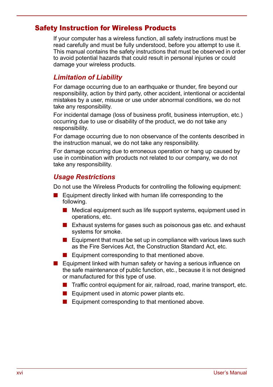 Safety instruction for wireless products | Toshiba Satellite M70 (PSM71) User Manual | Page 16 / 176