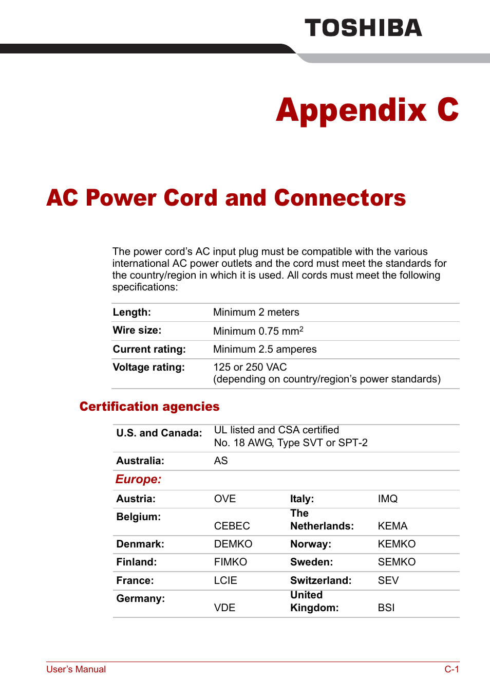 Appendix c - ac power cord and connectors, Appendix c, Ac power cord and connectors | Toshiba Satellite M70 (PSM71) User Manual | Page 165 / 176
